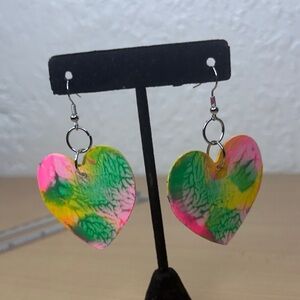 Colorful Heart Drop Earrings in Green, Pink & Yellow